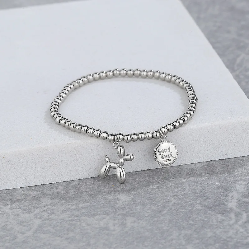 VENTFILLE Sterling Silver Fashion Elastic Rope Balloon Dog Bracelet Ladies Simple Letter Small Round Bead Jewelry Gift
