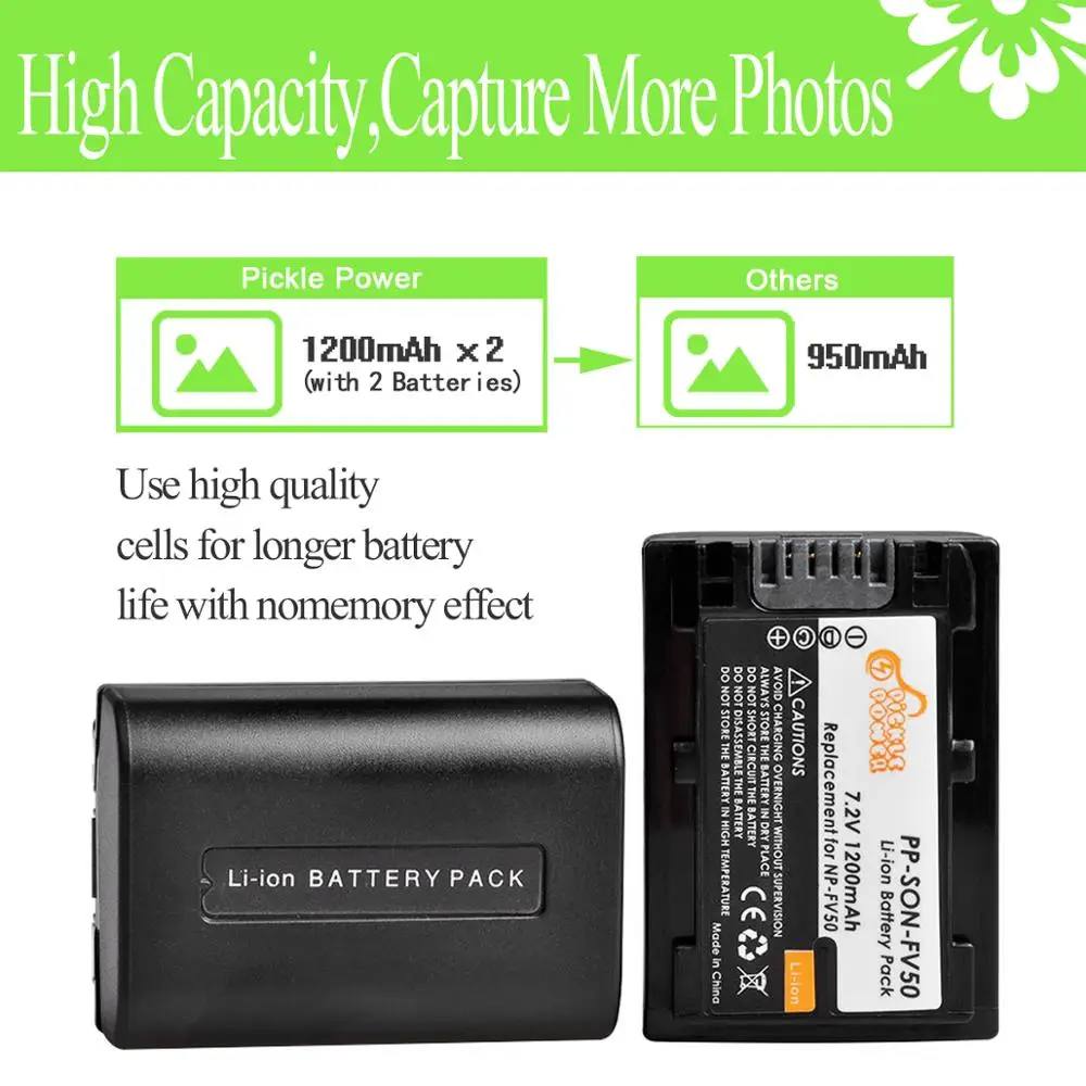 Pickle Power 1200mAh Battery NP-FV50 NP FV50 for Sony NP-FV30 NP-FV40 HDR CX390 290E PJ510 820E 790E 660E XR260 CX700E PJ50E