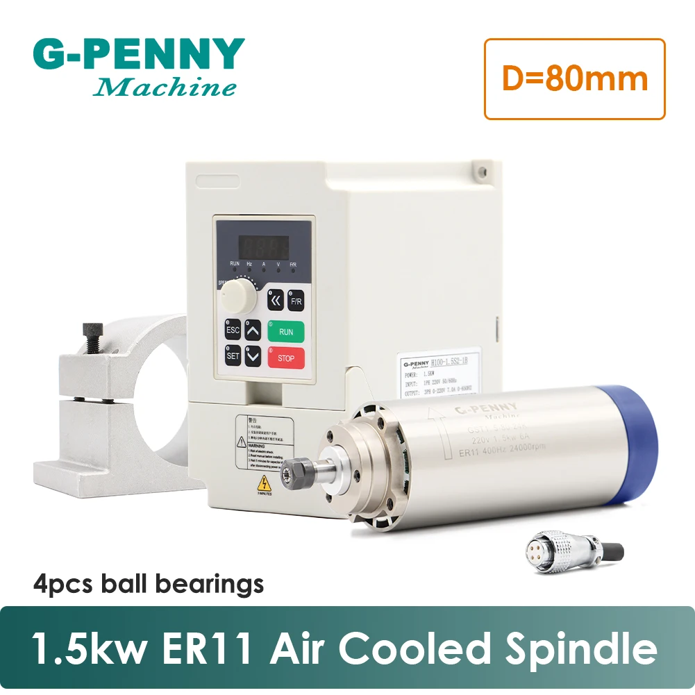 

G-PENNY 220V 1.5KW ER11 CNC Air Cooled Spindle Motor 80mm Air Cooling 4Bearings CNC& 220v 1.5kw VFD inverter & 80mm bracket