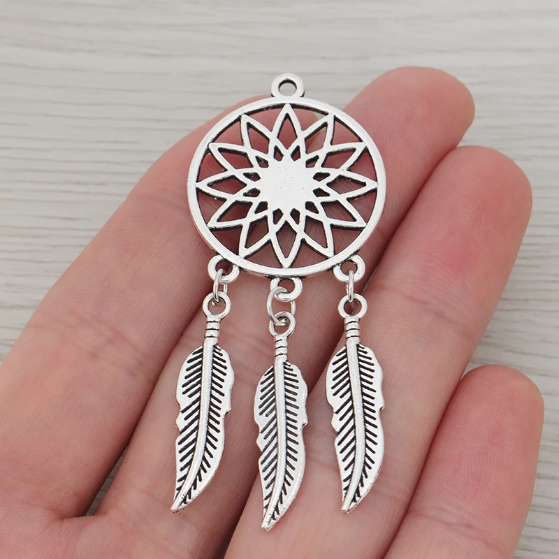 6 x Tibetan Silver Color Feather Dream Catcher Round Charms Pendants for DIY Necklace Jewelry Making Finding Accessories 65x27mm