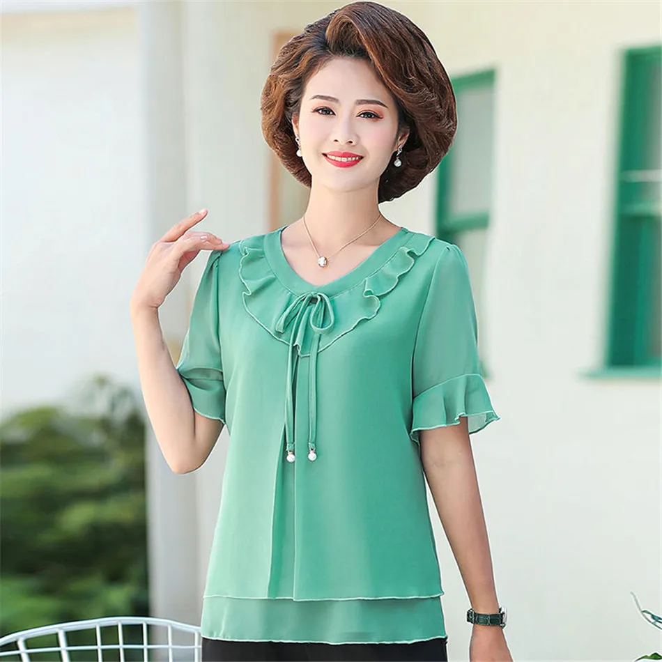 Summer Women Elegant Chiffon Ruffle Shirits Blouses Short Sleeve V-Neck Casual Ladies Solid Tops Blusas MM1512