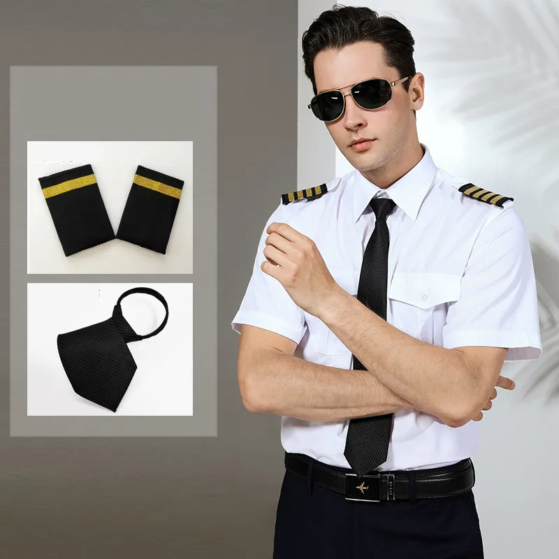 Super Quality Pilot Shirt Mens White Airline Pilot Uniforms Hair Stylist Fashion Slim Fit Workwear Big Size Male Clothing