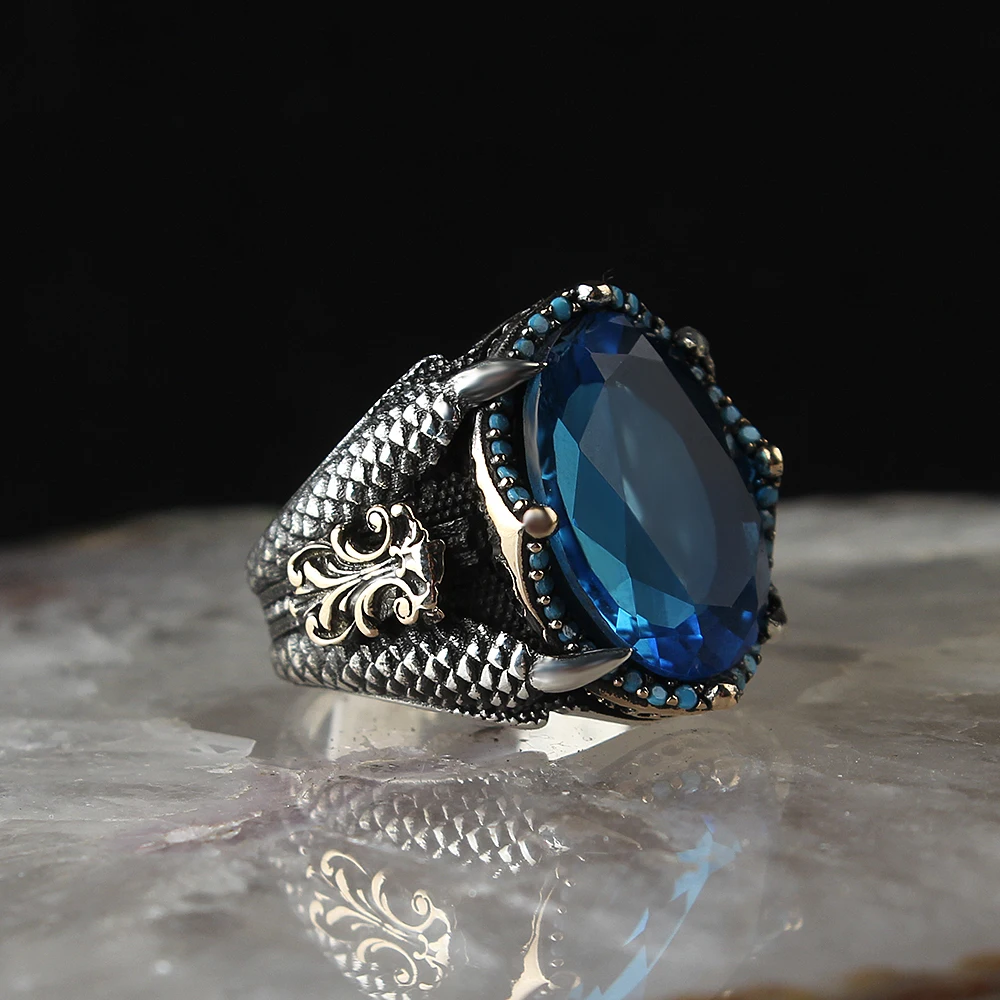 

925 sterling Silver Blue Zircon Cz Eagle Claw Crystal Cut Men 'S Ring