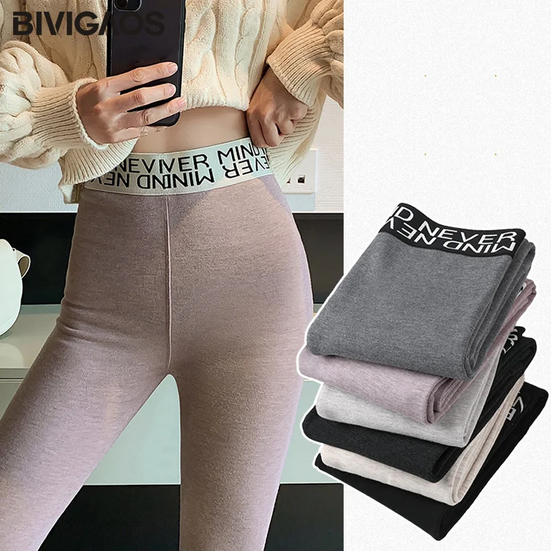 BIVIGAOS-Leggings desportivas de veludo feminino, calças elásticas, emenda, cintura carta, grossa, quente, inverno, outono