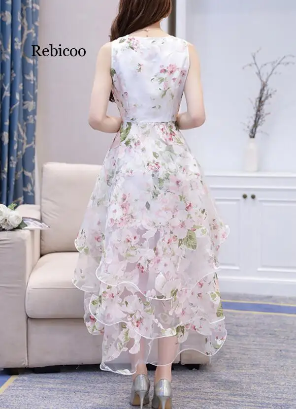 Fashion Spring Summer High Low Dresses sleeveless Elegant Slim Front short back long Puffy Party Dress White Women Tulle Dress