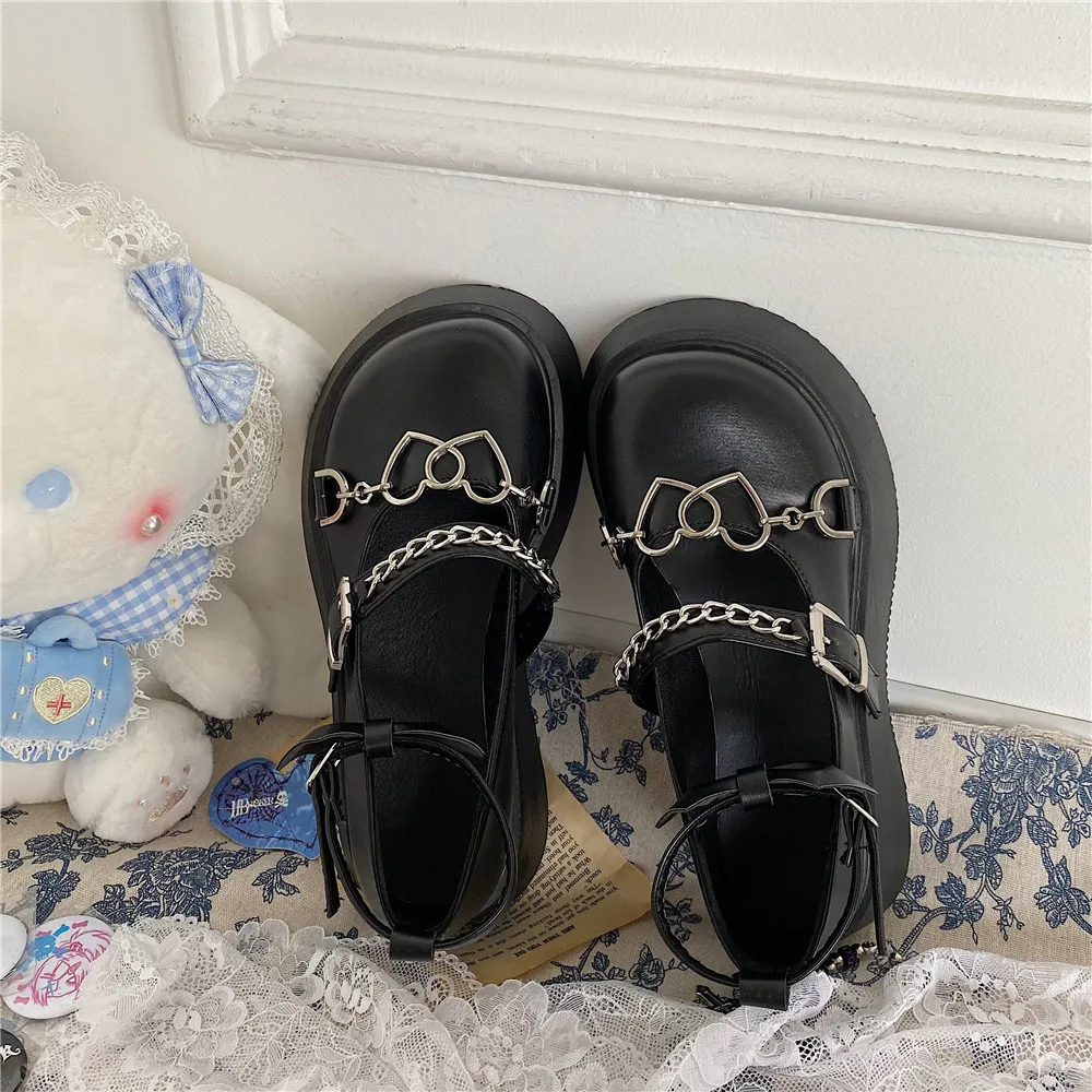 Japanese Mary Jane Summer Lolita Shoes Love Chain Punk Gothic Black College School Girls Cosplay Anime Round Toe Platform Female