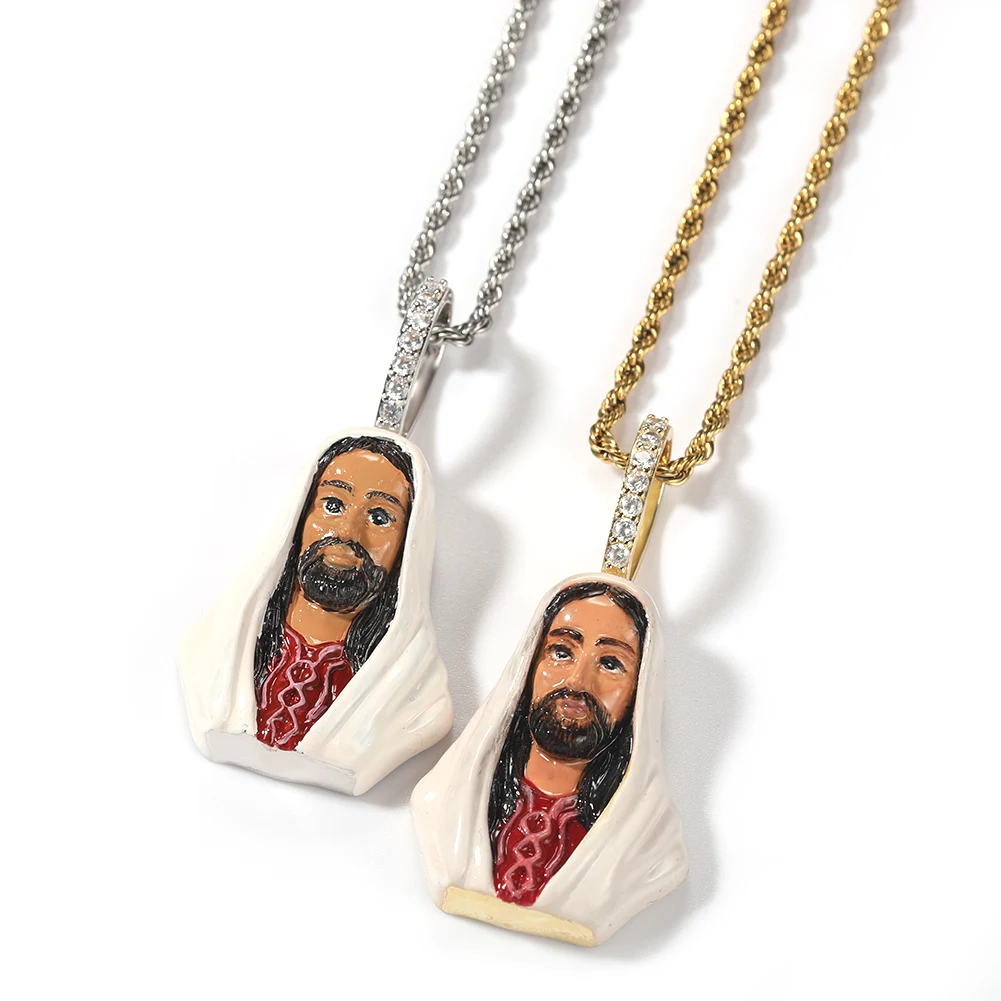 THE BLING KING Enamel Jesus Pendant Charm Head Portrait Enamel Pendant Tennis Chain Men And Women Rapper Hiphop Jewelry