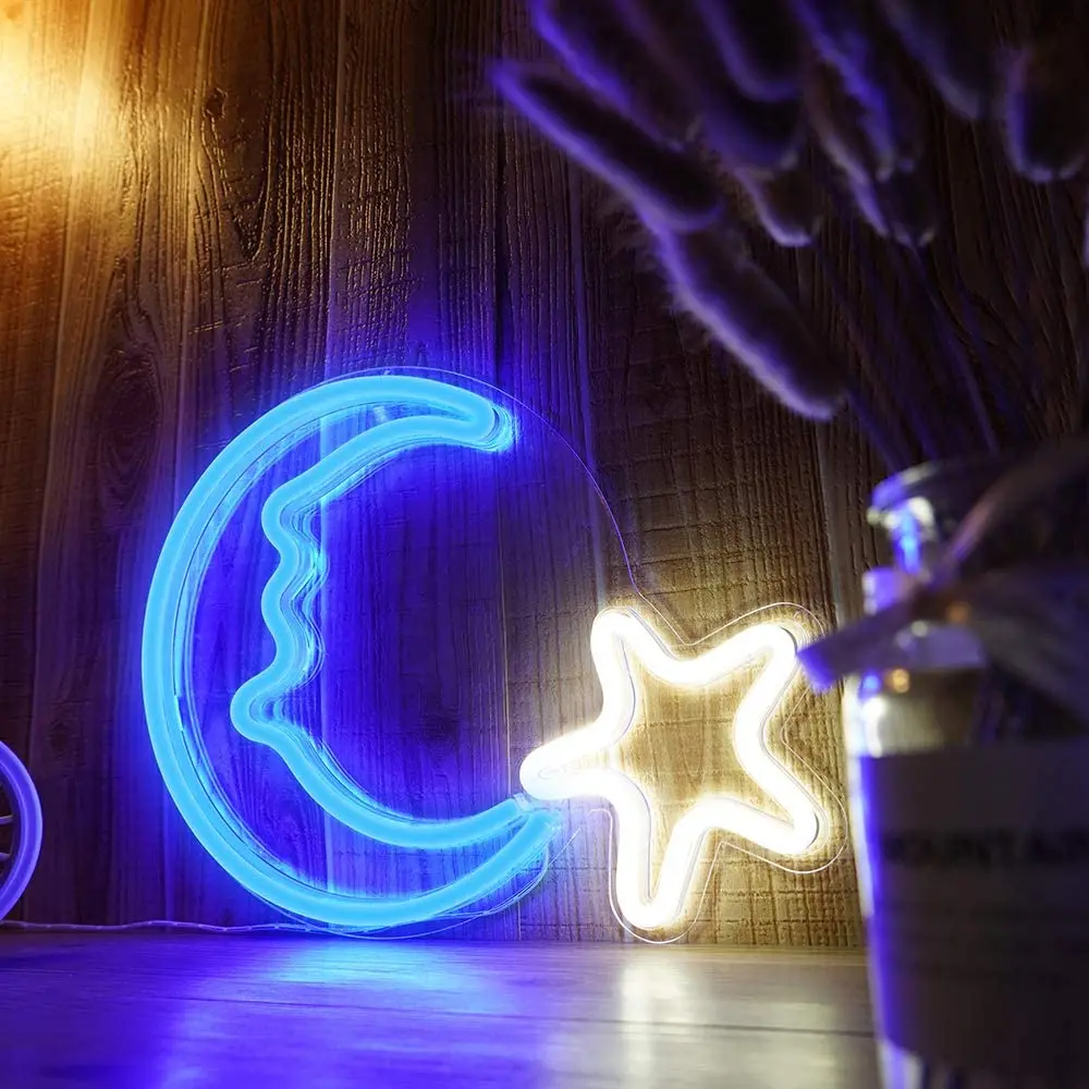 LED Moon Star Shaped Neon Sign Light Decor Wall Decor Wall Art Sign Night Lamp Xmas Birthday Art Sign Light for Home Decoration