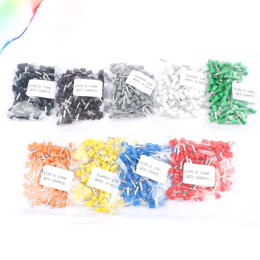 

100pcs/lot E1508 Bootlace Cooper Ferrules Kit Set Wire Copper Crimp Connector Insulated Cord Pin End Terminal 5 color VE1508