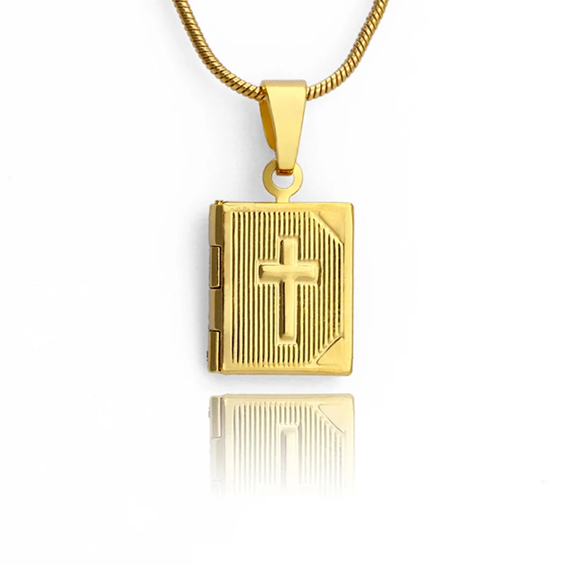 FS Brand New Cross Gold Holy Bible Book Photo Locket Phase Box Small Pendant Necklace Jewelry For Women Men 45cm Chain