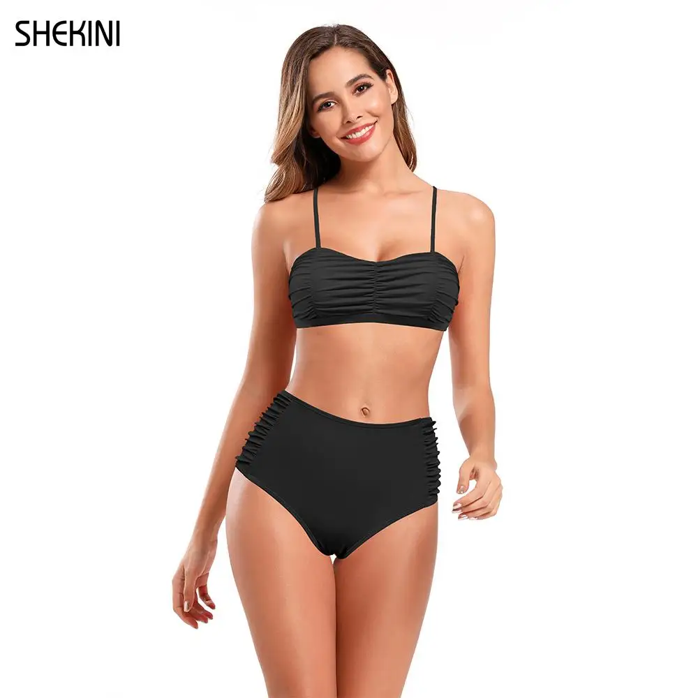 SHEKINI Women Swiming Shirred Top Two Piece Swimsuit High Waist Bottom Bathing Suits Summer Push up Bikini Beach Swimwear