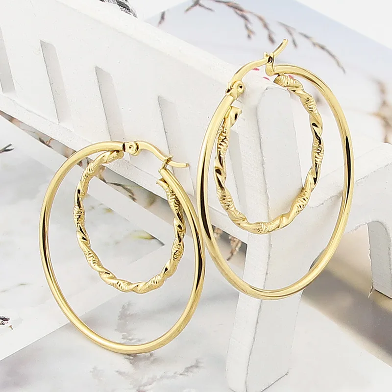 New Fashion Stainless Steel Jewelry Double Glossy Circle Twisted Wire Earrings Women's Party Wedding Love Gift Wholesale