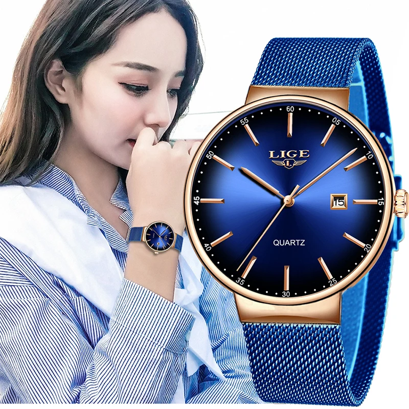 LIGE Fashion Quartz Women Watch Ultra-thin Dial Mesh Belt Waterproof Watches for Women Ladies Casual Sport Elegant Female Clocks