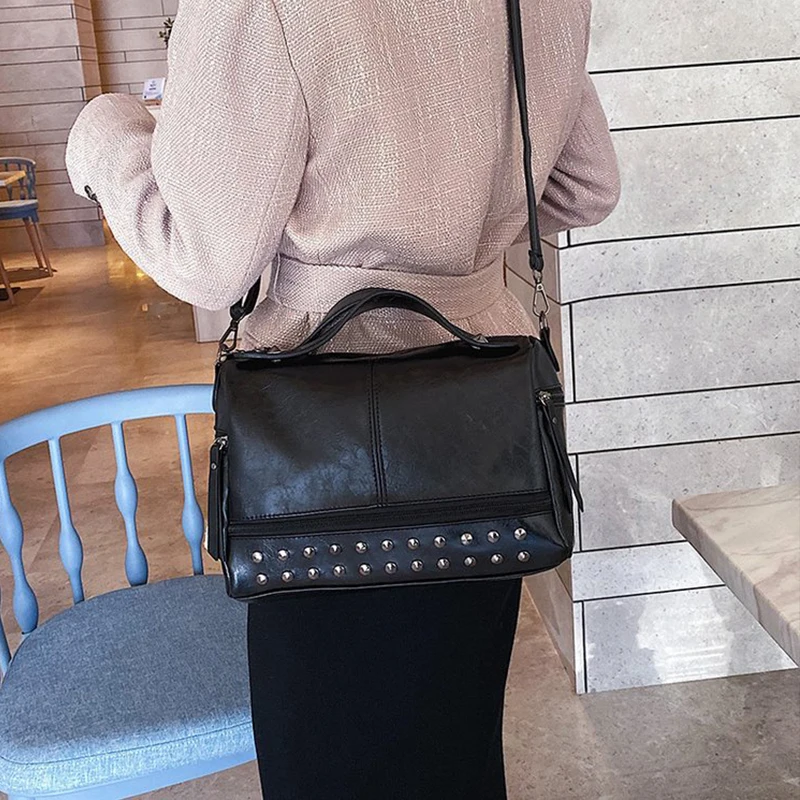 Women Casual Boston Tote Bolsa Feminina New Vintage Shoulder Bag Luxury Rivet Handbag Soft Pu Leather Crossbody Bags