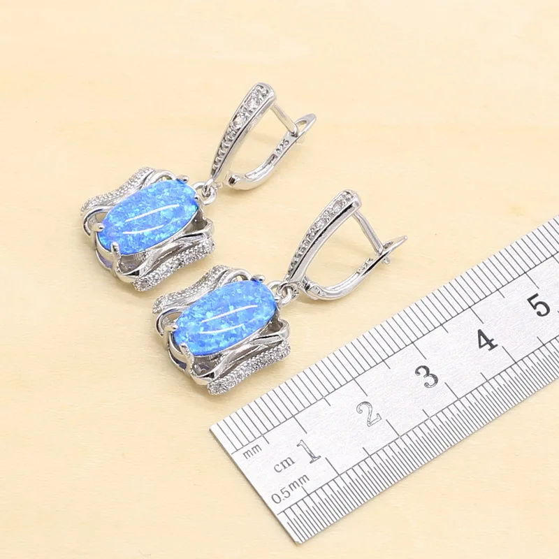 925 Sterling Silver Blue Opal Bridal Jewelry Sets For Women Necklace Earrings Pendants Ring Sets For Birthdays Gift