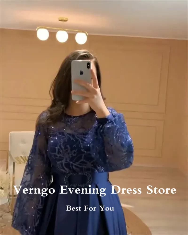 Verngo Gaun Malam A Line Biru Navy Sederhana Gaun Prom Celah Satin Renda Mengkilap Lengan Panjang Gaun Formal Wanita Arab Saudi