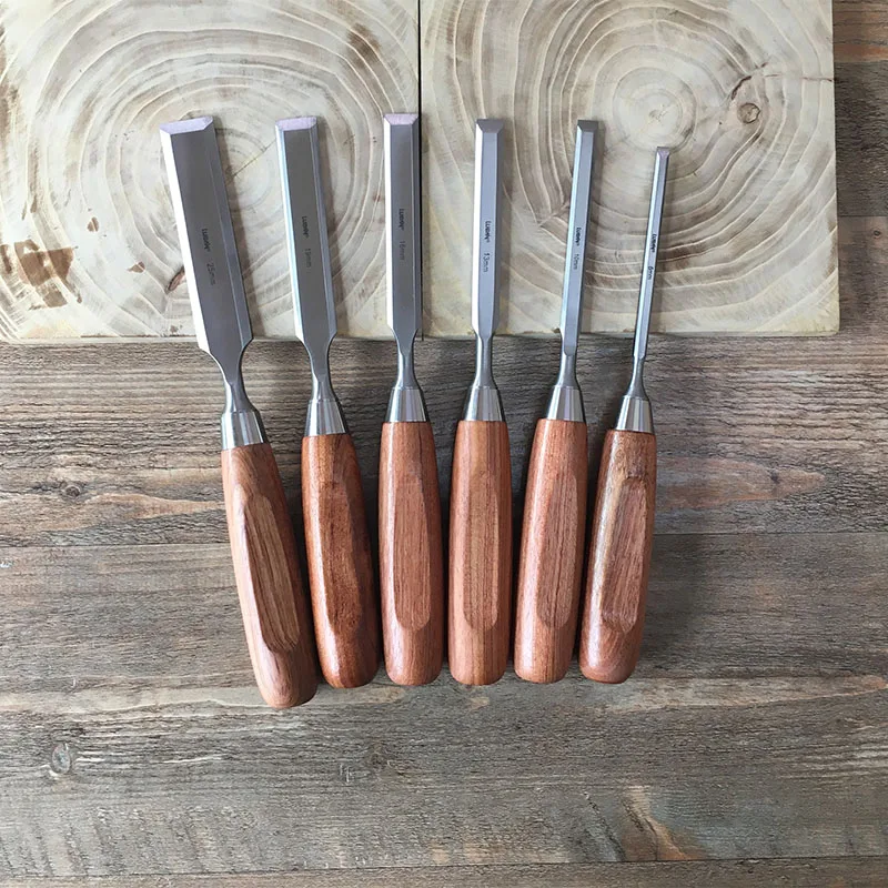 

Luban 6 sets of long wooden chisel, flat chisel, chrome vanadium steel arbor, Rosewood Handle, wooden box chisel