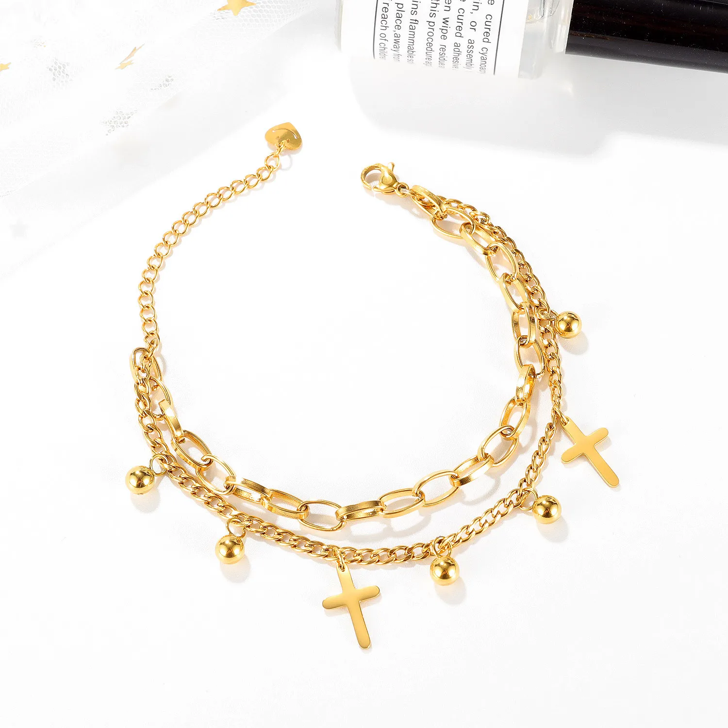 2022 Stainless Steel Cross Layered Bracelet Ladies Charm Gold color Fashion Wrist Bracelet Jewelry брелок