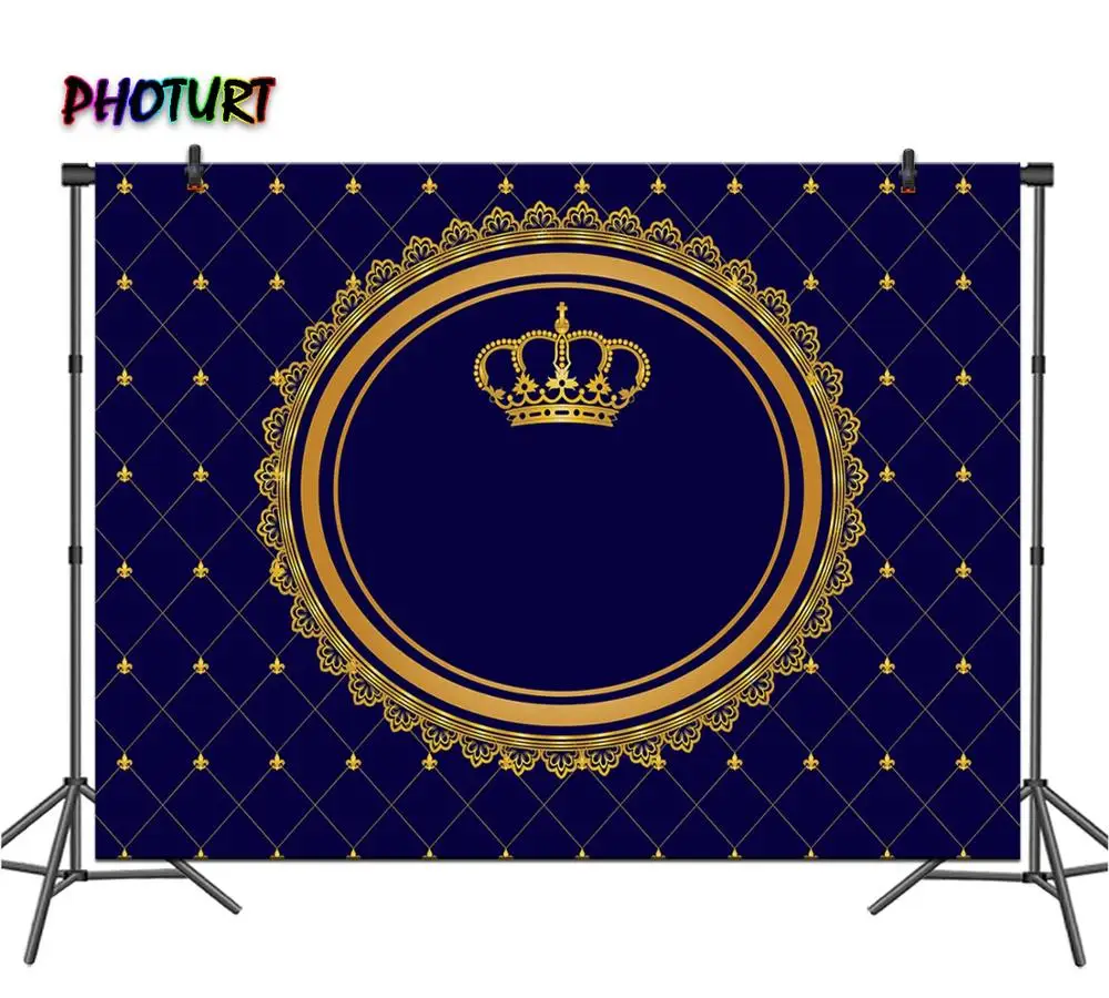 

PHOTURT Royal Crown Photography Backdrop Boy Birthday Party Decoration Background Golden Blue Prince Vinyl Photo Studios Props