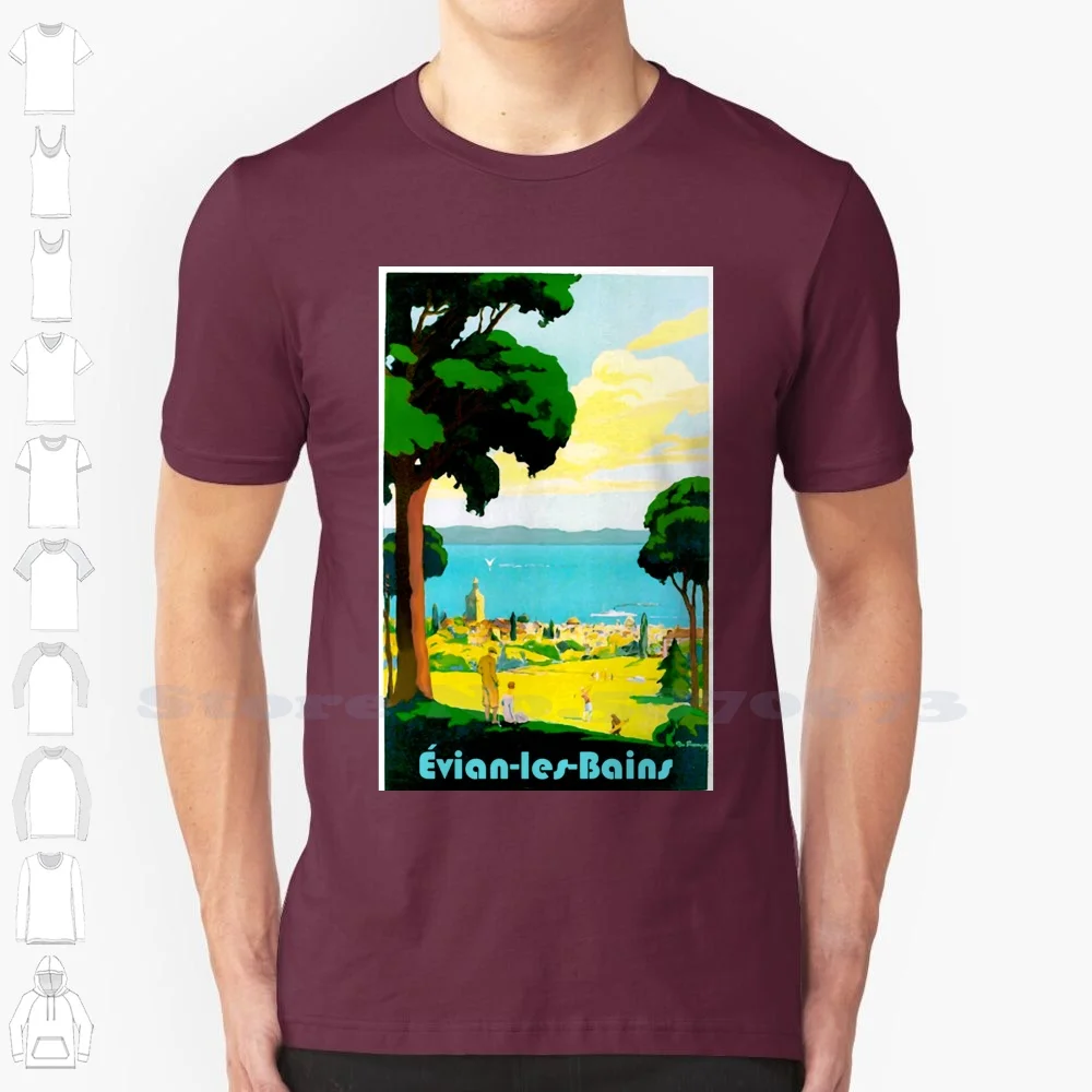 Camiseta de algodón 100% puro de Evian , Les Bains, Francia, costa francesa, árbol de verano, agua, cielo azul, clásico