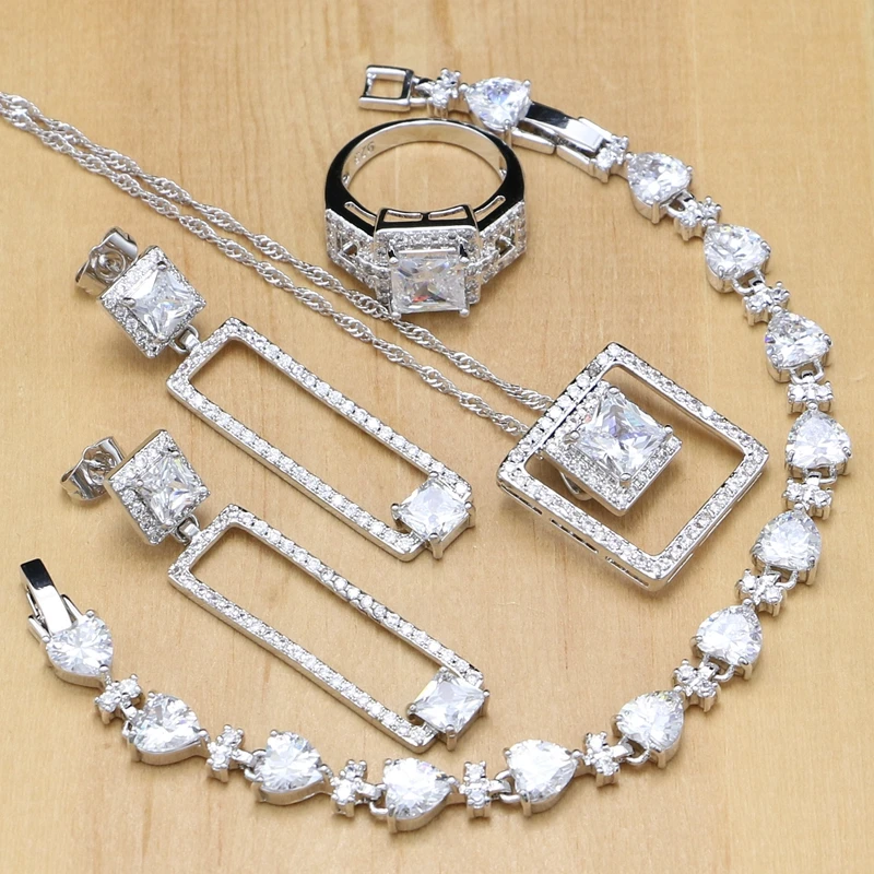 Silver 925 Jewelry Sets White Zircon Stone Beads Decoration Women Engagement Earrings/Pendant/Rings/Bracelet/Necklace Set