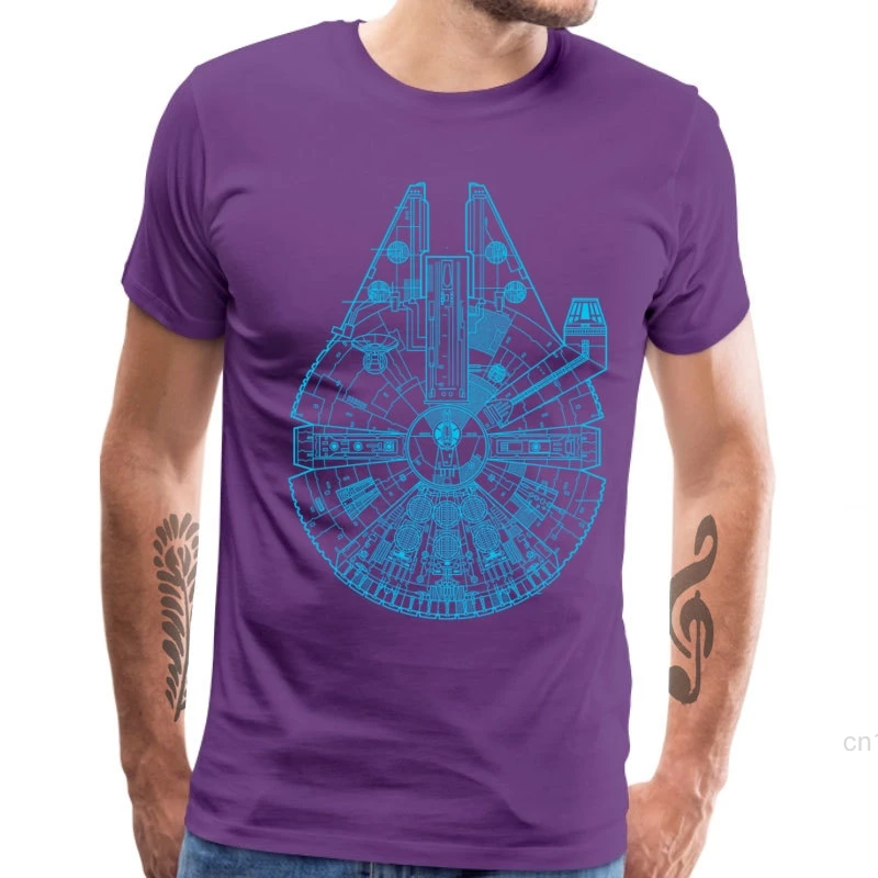 Gift T Shirt Men Millenium Falcon Blueprint Tshirt 100% Cotton Father Day Tees Retro Geometric Spaceship Print Clothes