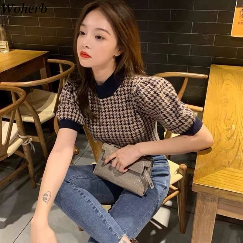 Woherb Vintage Streetwear Summer Thin Knitted T-shirt Plaid Puff Sleeve Office Lady Slim Femme Women Chic Gentle Shirts Tops