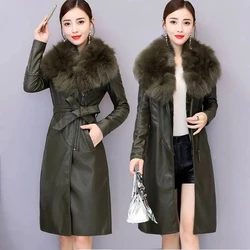 2025 New Autumn Winter Leather Jacket Women's Clothing Add Velvet Thicken Mid-Length Big Fur Collar Slim Ladies Leather Coat