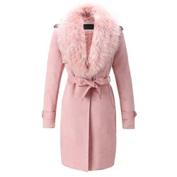 Giolshon Winter Women Faux Suede Leather Long Coat Detachable Faux Fur Collar Belt Lapel Outwear Trench Coat Casual Cardigan