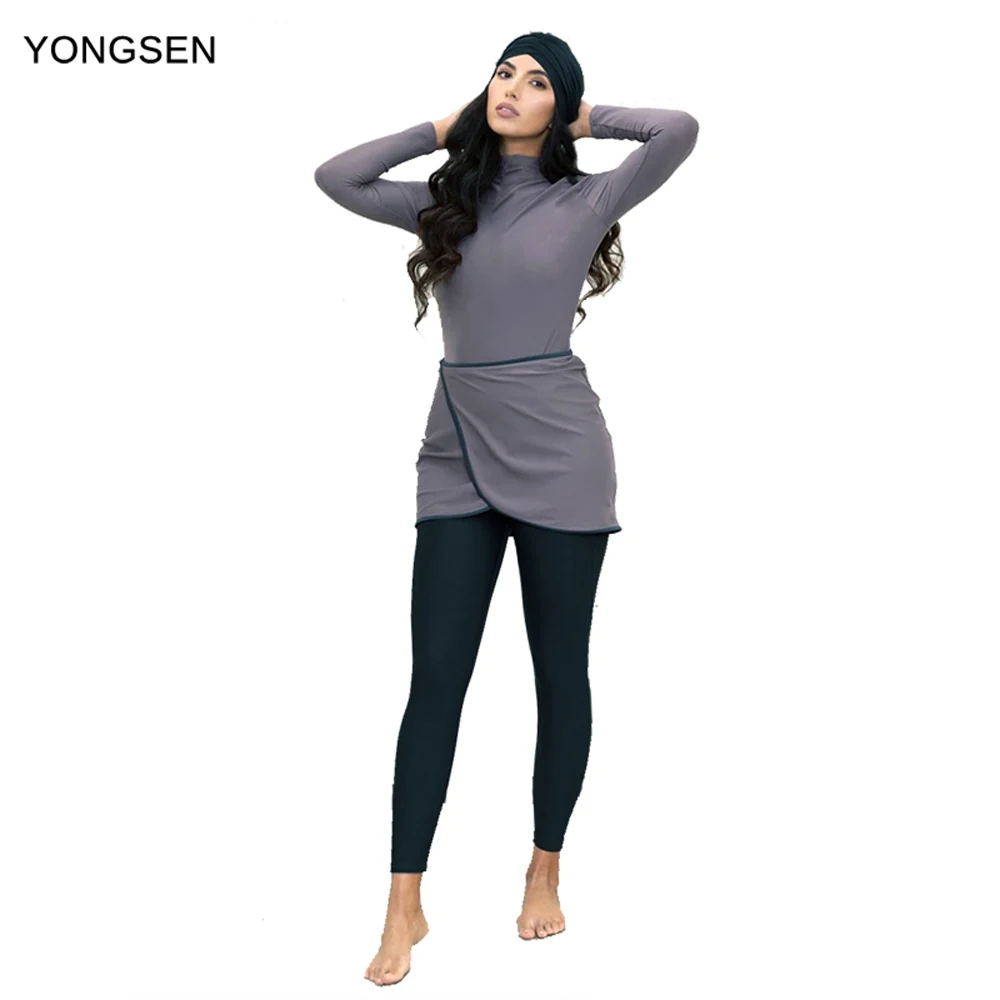 YONGSEN 2021 Burkinis Muslim Swimwear Women Long Sleeves Swimsuit 3pcs Islamic Modest Patchwork Hijab Sport Wear Bathing Suit