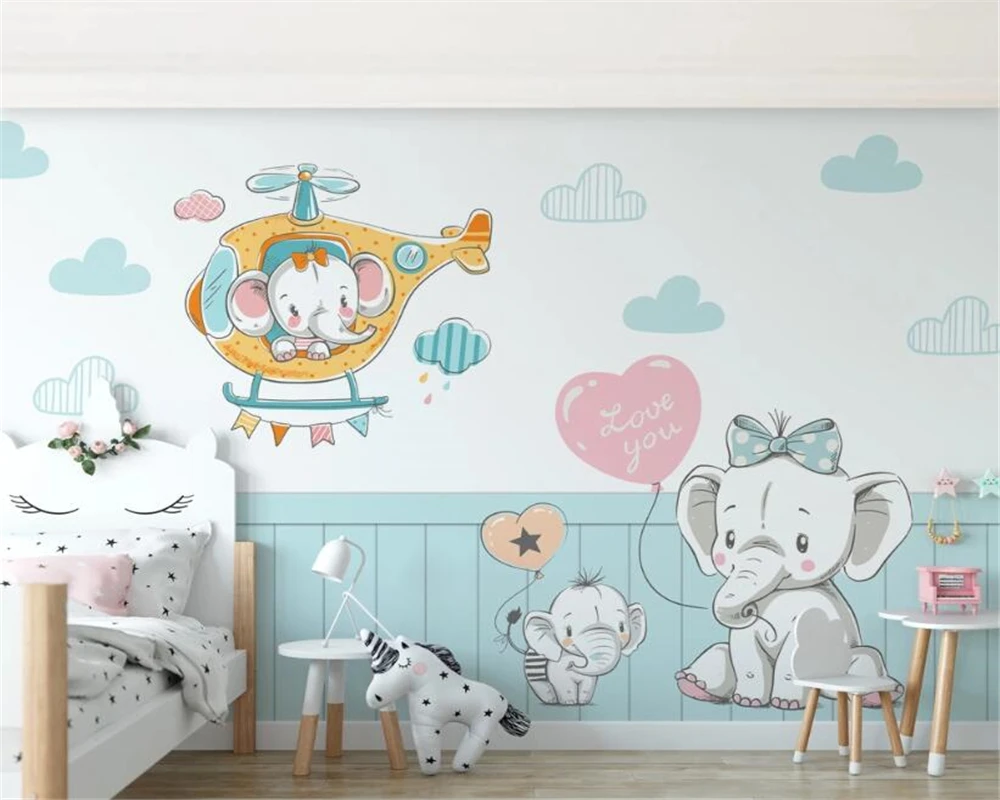 Customized kindergarten decoration 3d wallpaper cute cartoon Small fresh elephant baby room children's wall Decoration wallpaper