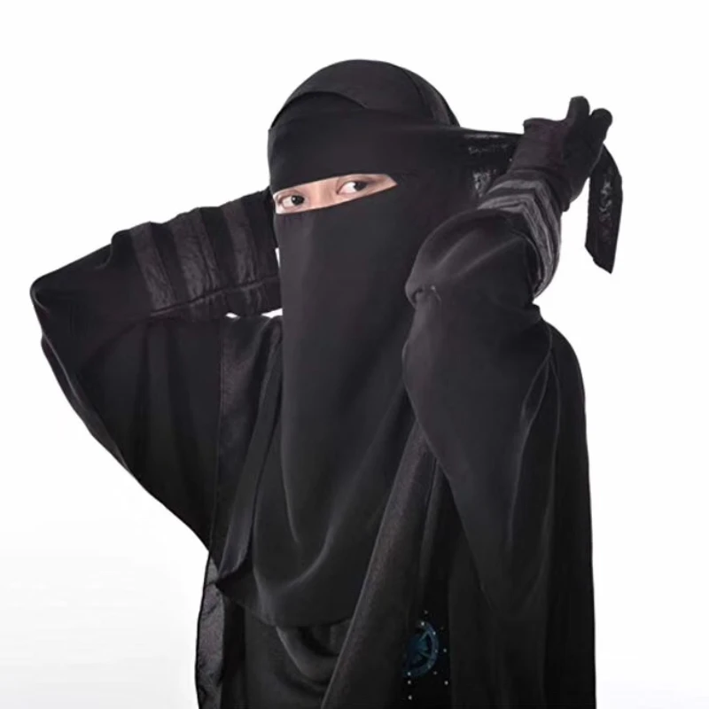 H211 Tessuto chiffon monostrato niqab cravatta posteriore copertura viso sciarpa hijab musulmana foulard solo berretto turbante di colore nero cofano