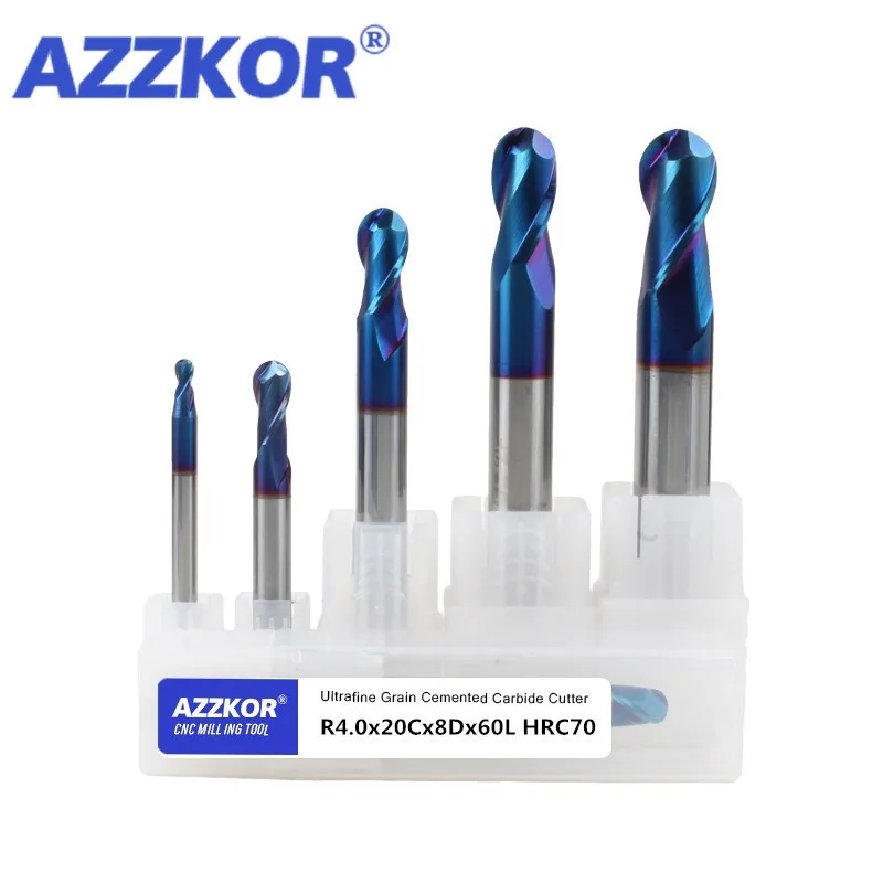 Freze kesicisi Alaşımlı Kaplama Tungsten Çelik Alet Cnc Işleme Hrc70 Top Burun Endmills AZZKOR En freze kesicisi Makinesi Freze