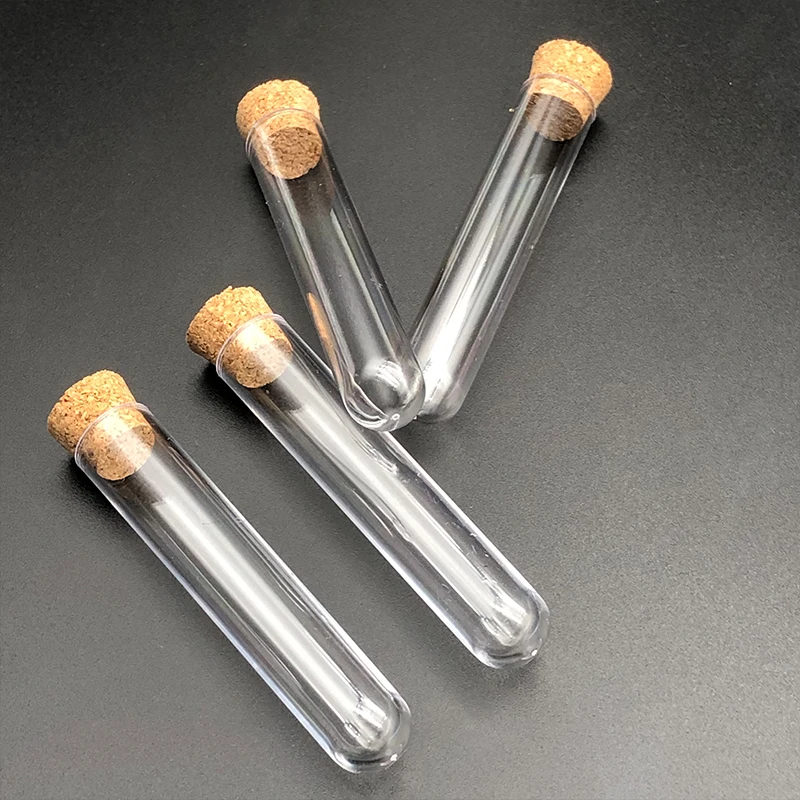 50pcs 12x60mm Lab Transparent Plastic Test Tube With Cork Cap Stopper U-shape Bottom Laboratory or Wedding Favours Spice Tube