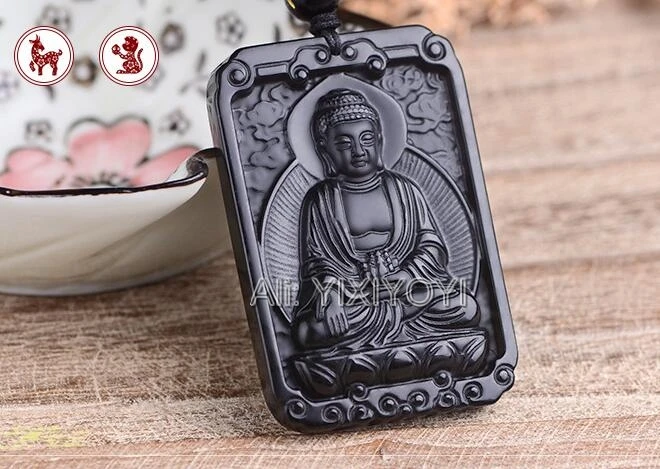 Natural Black Obsidian Pendant Chinese Blessing Eight Buddha GuanYin Amulet Lucky Necklace Beads Chain Charm Trendy Gift Jewelry