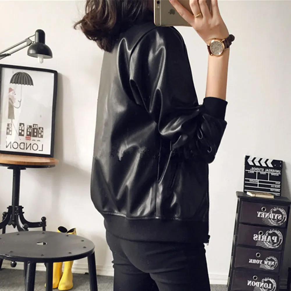 Jocoo Jolee Women Loose PU Faux Leather Jacket Korean Zipper Bomber Coat Autumn Black Moto Biker Jacket Oversized Outwear