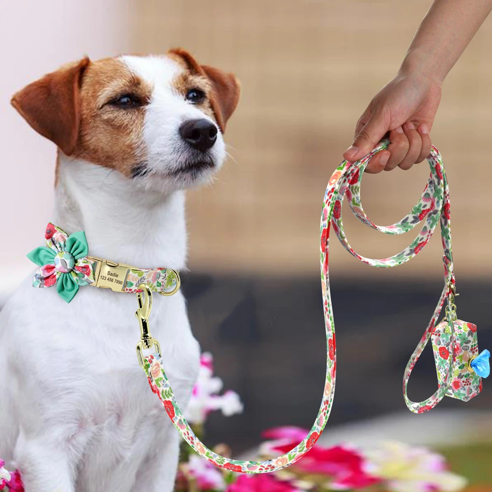 Flower Printed Dog Leash With Bag Small Medium Large Dog Pet Leashes Floral Print Nylon Dog Lead with Treat Bag Snack Bag