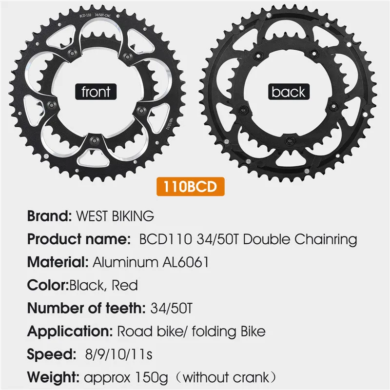 WEST BIKING Road Bike Chainring Round 110BCD 34T/50T Bicycle Crankset Tooth Plate For 8/9/10/11 Speed Chain Wheel Double Crown