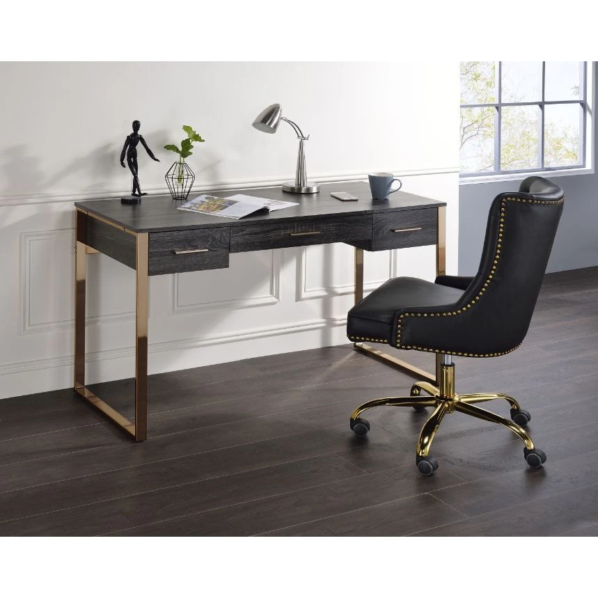 Perle Writing Desk Industrial Laptop Computer Desk Office Table Champagne Gold & Black Finish[US-W]