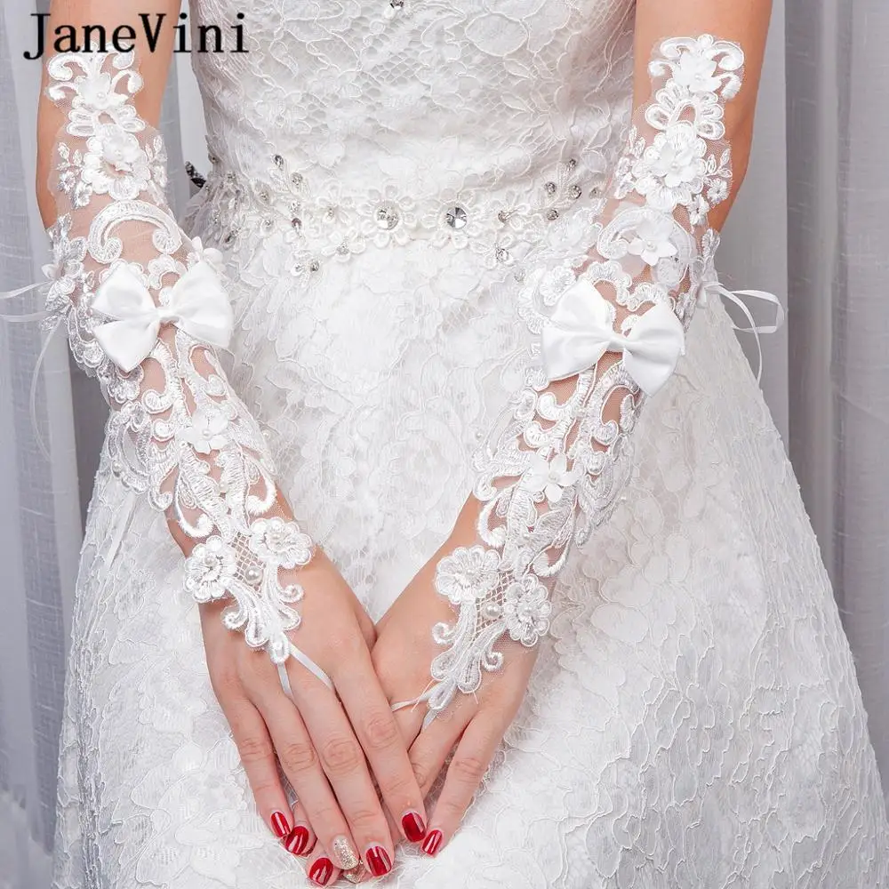 JaneVini 2019 Novo e Elegante Branco de Noiva Luvas de Renda Sem Dedos Cotovelo Comprimento Apliques Pérolas Longo Mulheres Partido Acessórios Do Casamento