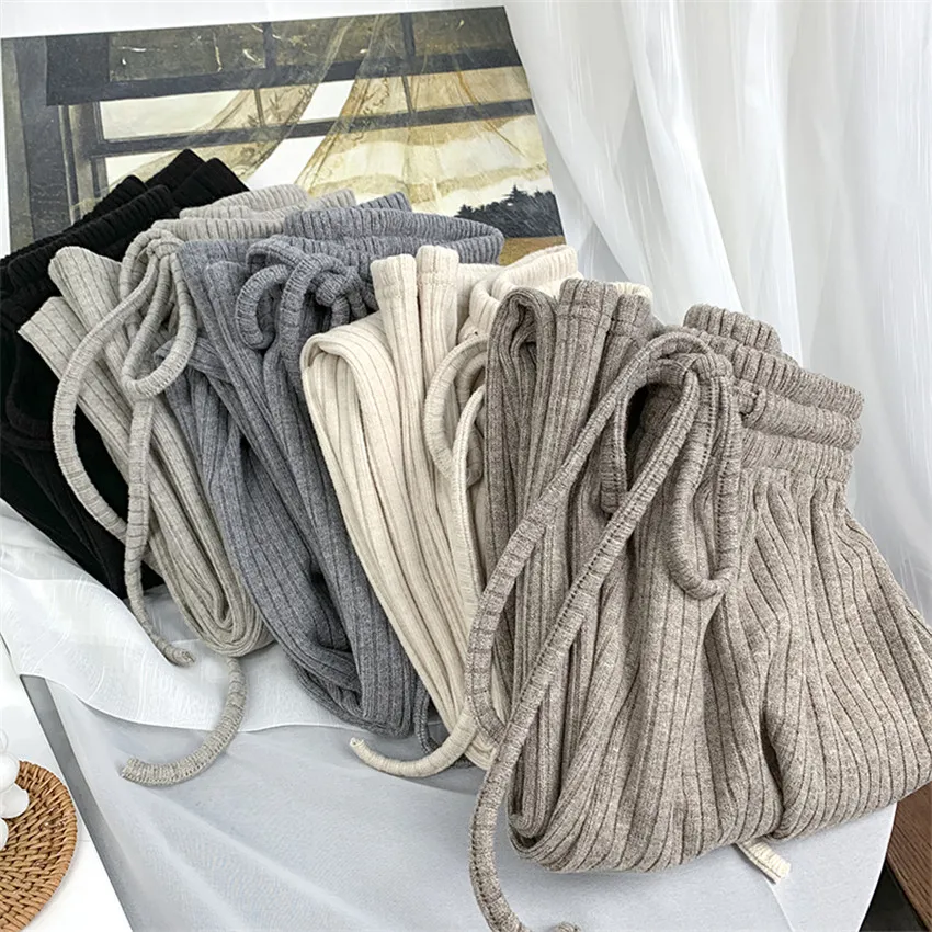 

Gowyimmes Big Size Autumn Women Knitted Pants Casual Wide Leg Pant Female Long Striped Pants High Waist Kinitting Trousers 1047