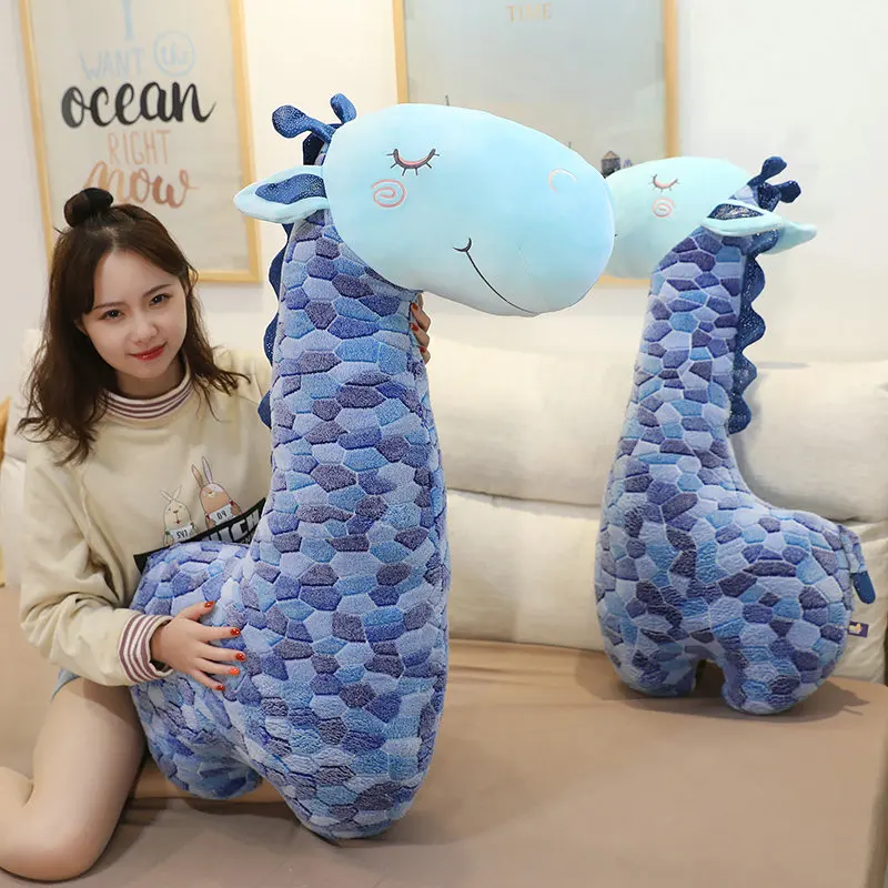 90/110cm Big Size Blue Giraffe Plush Toys Stuffed Soft Kawaii Creative Deer Pillow Dolls for Kids Girls Birthday Appease Gift