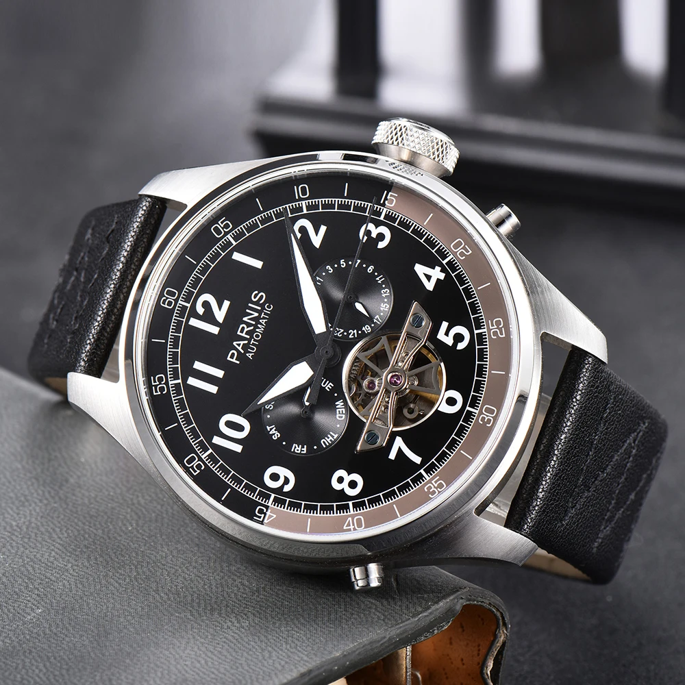 New Arrival Parnis 48mm Men Watch Automatic Mechanical Black Strap Calendar Week Display Skeleton Tourbillon Mens Watches 2023