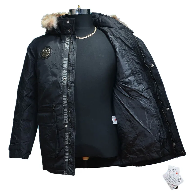 Outdoor Thick Winter Black Multi-pocket Warm Jacket Men\'s Mid-length Hooded White Duck Down Liner Jacket Military Down Jacket