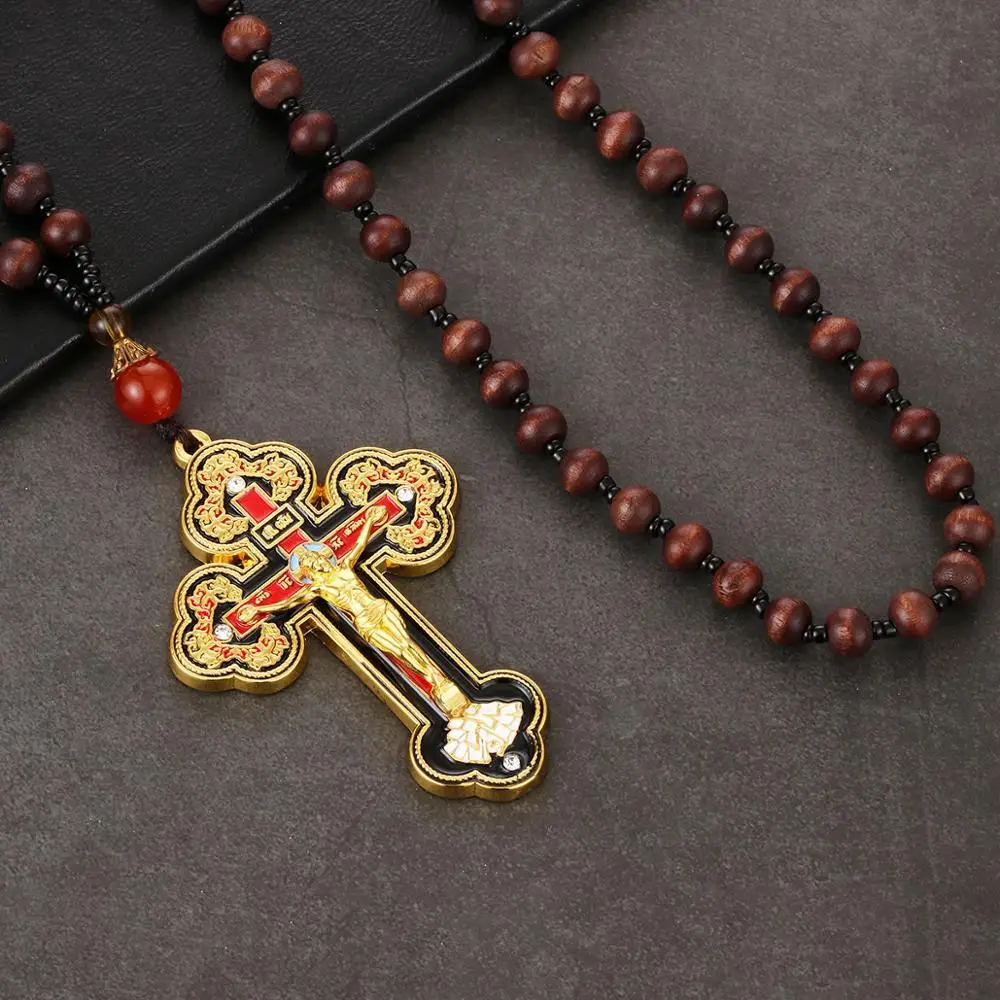 Orthodox Crucifix Jesus Cross Pendant Necklace Wooden Rosary Beaded Chain Necklace for Men Religious Prayer Jewelry Gift