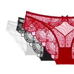 3pcs Low-Rise Women's Panties Set Female Sexy Briefs Lace Transparent Mesh Underwear For Women Embroidery Plus Size Red Lingerie