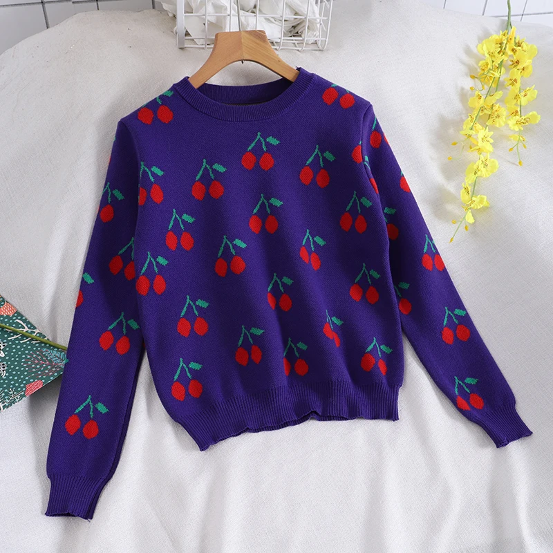 Autumn Winter Women Sweet Cute Preppy Style Cherry Print Loose Knitted Sweater Female Fashion Chic O-neck Pullover Knitwear Tops