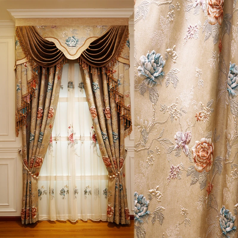 

Luxury classic European 3D jacquard blackout curtains for living room brown high quality villa curtains for bedroom hotel