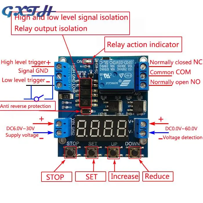 Delay Module Timer Delay Trigger OFF Voltage Upper Lower Limit Detection Cyclic Timing Counting Battery Charge Control