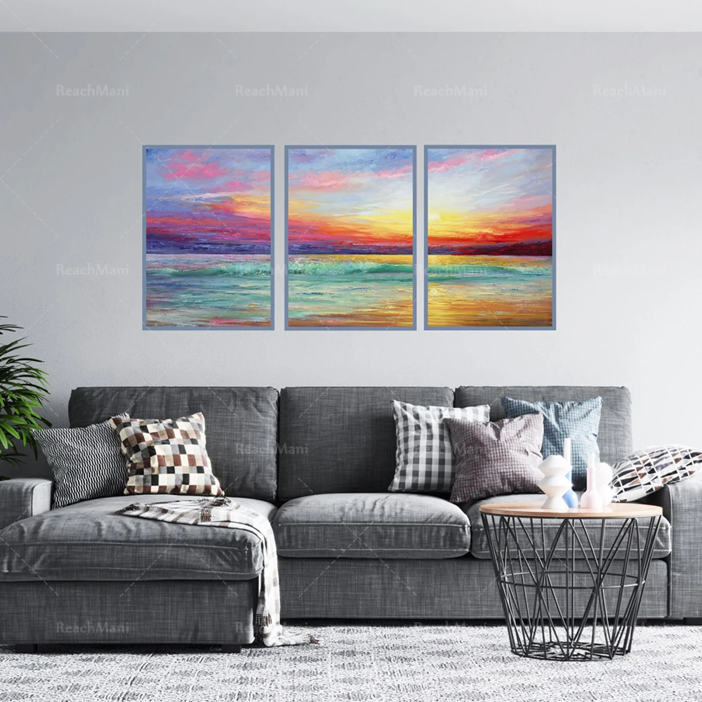 Ocean sunrise colorful clouds, sunset sky blue sunrise waves oil painting, natural oil painting shines on canvas with ultramarin